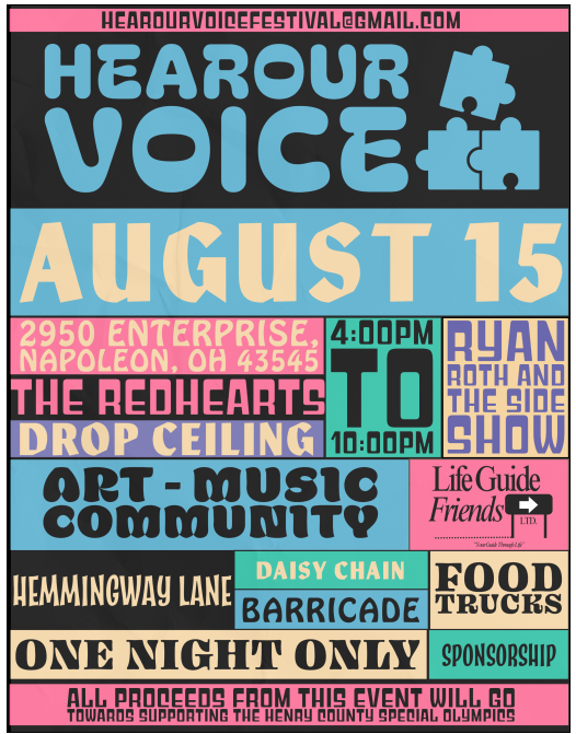 Promotional poster for the Hear Our Voice Festival, featuring event details such as date, time, location, and participating bands.